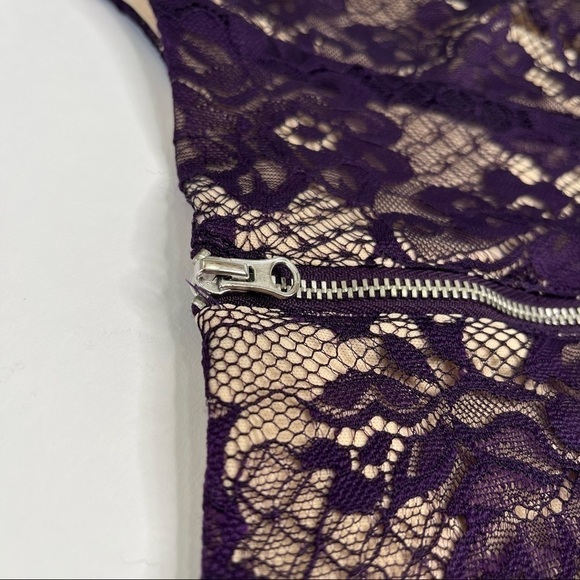 CB Plum Purple Lace Overlay Nude Lining Sleeveless Fancy Fit & Flare Short Dress - Picture 8 of 12